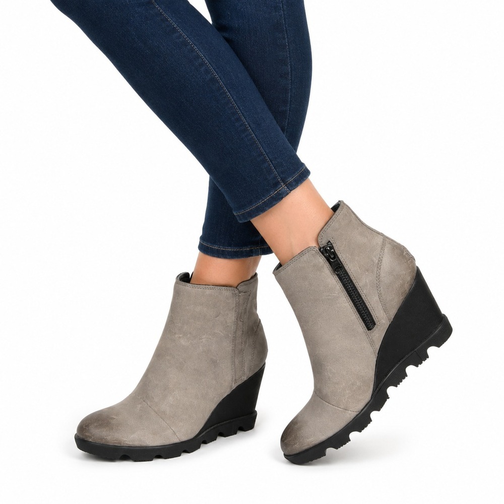 Sorel Joan of Arctic Wedge II Boots Womens Sz 7.5 Quarry Gray Zip Ankle Lug Sole
